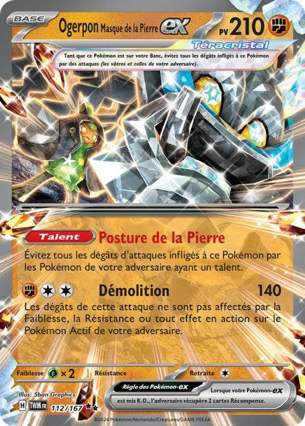 Carte Pokémon Ultra Rare Ogerpon Masque de la Pierre Terracristal EX Mascarade Crépusculaire EV6 112/167