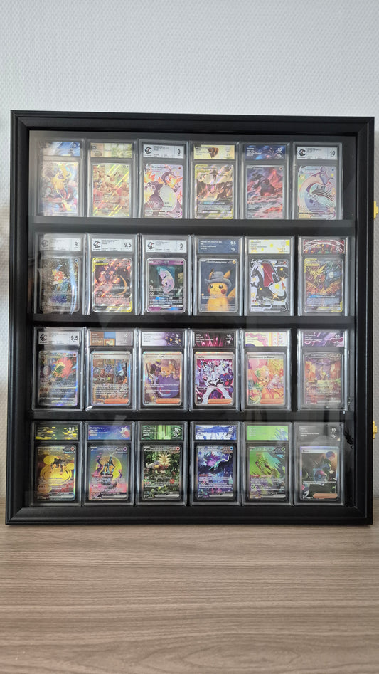 Cadre / présentoir / vitrine murale pour 24 cartes gradées.