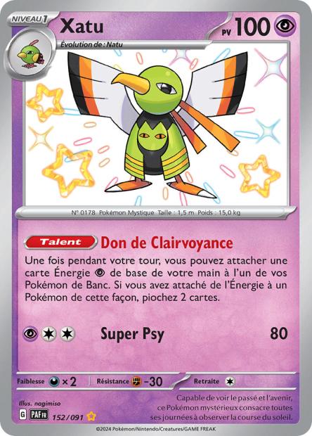 Carte Pokémon Ultra Rare Shiny Déstinées de Padea EV4.5 Xatu 152/91