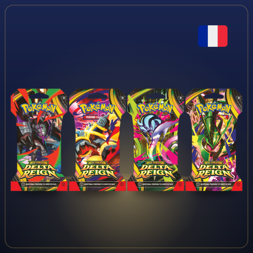 Boosters sous blister Pokémon Règne Delta ME6 — les 4 visuels