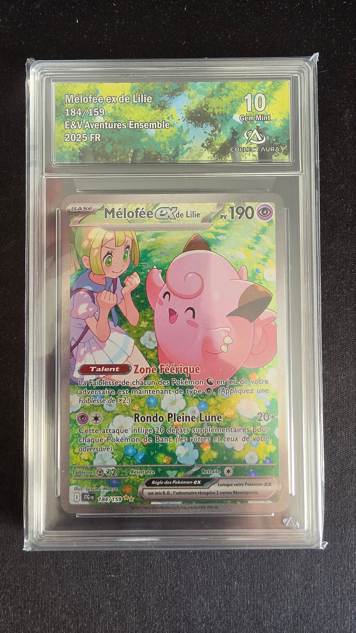 Carte Pokémon Gradée Collect Aura Mélofée ex de Lilie 10 184/159 - face