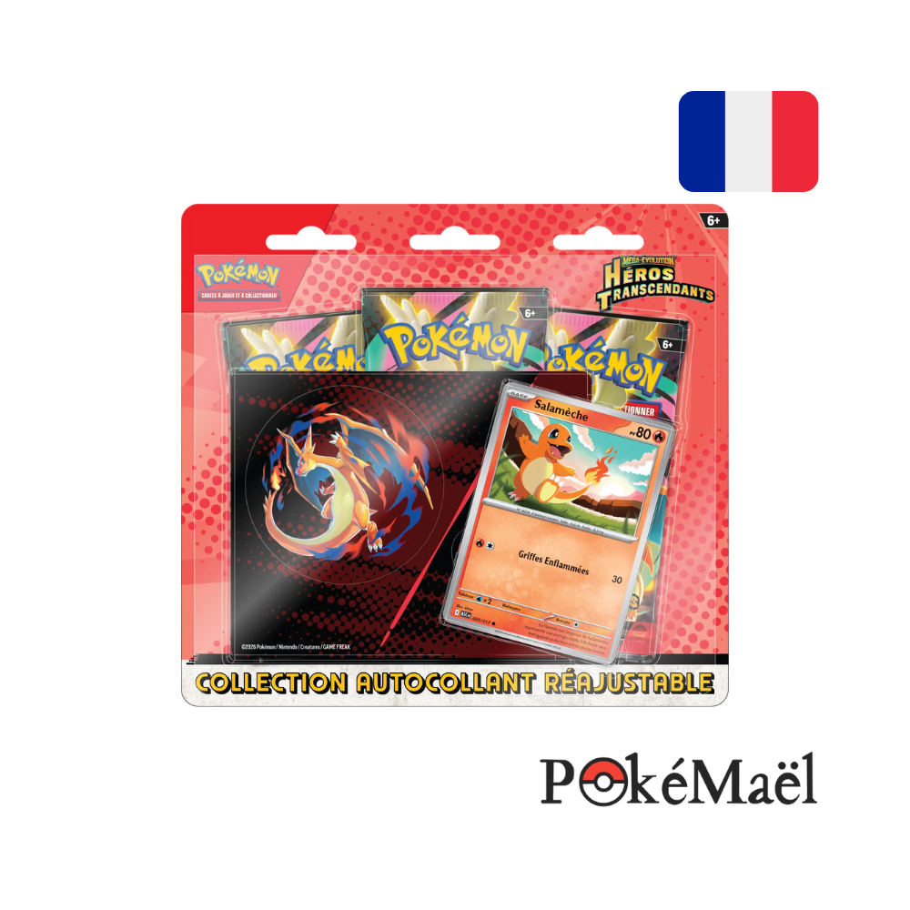 [précommande] Tripack Pokémon Héros Transcendants ME2.5 avec autocollant réutilisable – Salamèche ou Fantominus (FR)